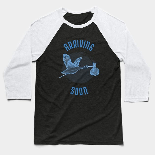 Baby Boy Arriving Soon Baseball T-Shirt by KazSells